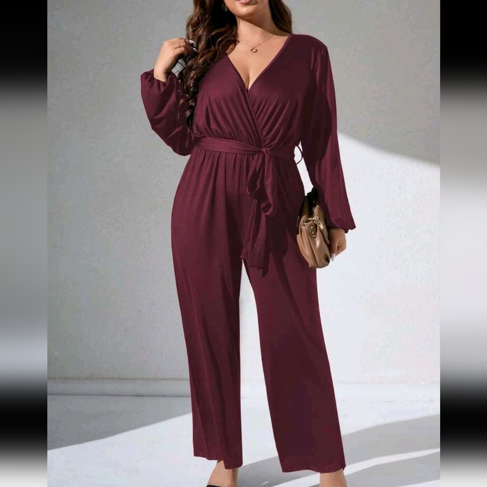 Belted Puff Sleeve Wrap Neck Jumpsuit Large Colour: Bordeaux